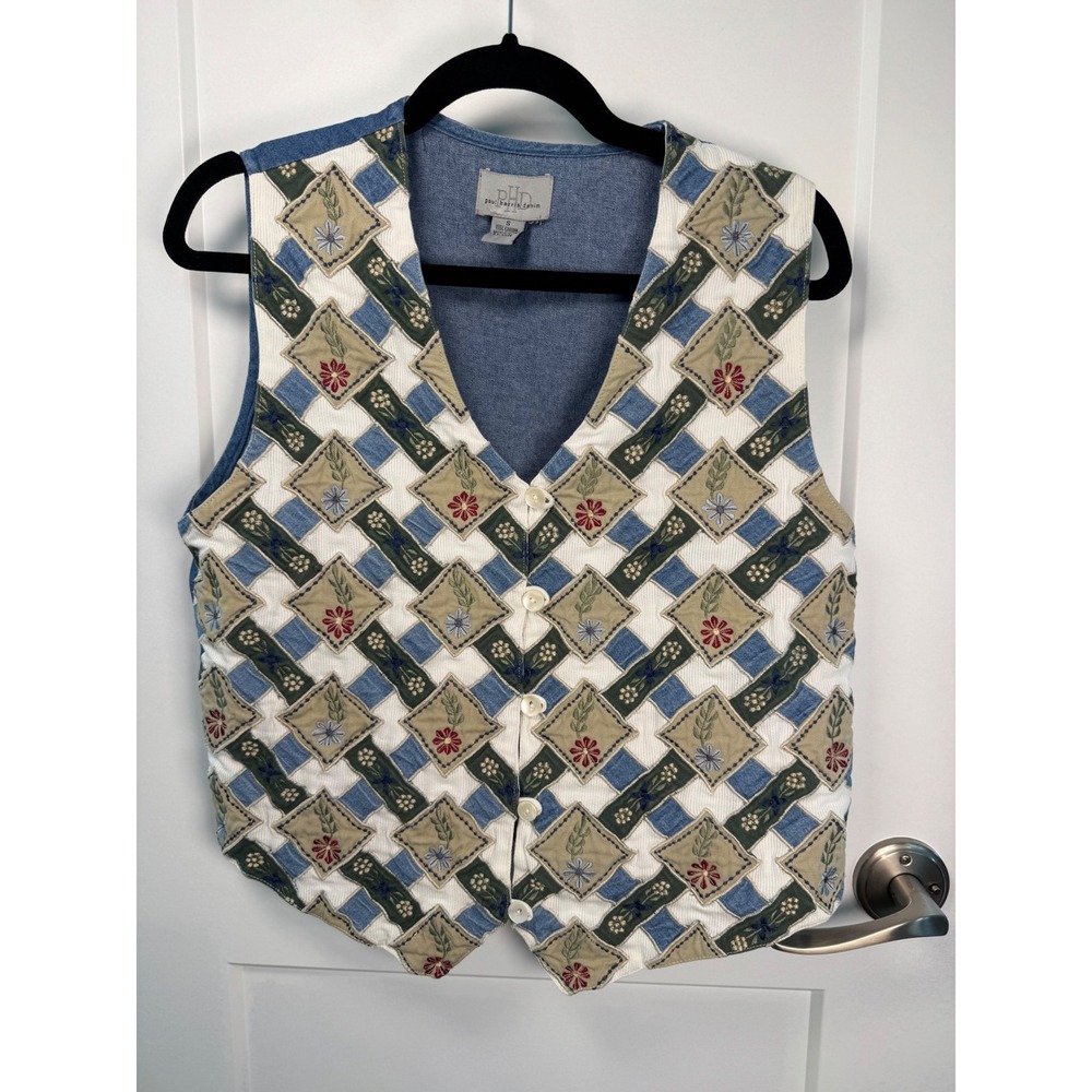 Vintage Paul Harris Denim Embroidered Patchwork Floral Vest Cottagecore Small